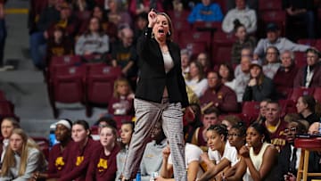 Jan 31, 2024; Minneapolis, Minnesota, USA; Minnesota Golden Gophers head coach Dawn Plitzuweit reacts during the first half against the Penn State Nittany Lions at Williams Arena. Mandatory Credit: Matt Krohn-Imagn Images