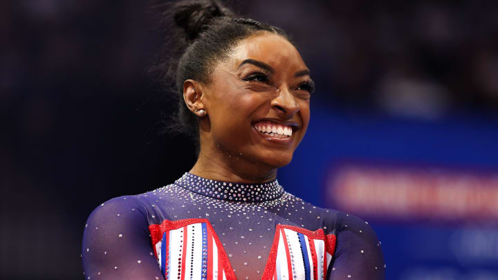 Jun 30, 2024; Minneapolis, Minnesota, USA; Simone Biles reacts during the U.S. Olympic Team Gymnastics Trials at Target Center. Mandatory Credit: Matt Krohn-USA TODAY Sports