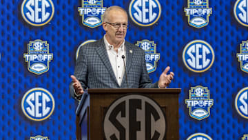 Oct 16, 2024; Birmingham, AL, USA; SEC commissioner Greg Sankey talks with the media during SEC Media Days at Grand Bohemian Hotel. Mandatory Credit: Vasha Hunt-Imagn Images