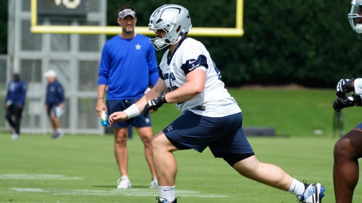 Jun 5, 2024; Frisco, TX, USA;  Dallas Cowboys center Cooper Beebe (56) goes through a drill during practice at the Ford Center at the Star Training Facility in Frisco, Texas. Mandatory Credit: Chris Jones-USA TODAY Sports