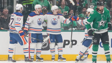 May 31, 2024; Dallas, Texas, USA; Edmonton Oilers center Ryan Nugent-Hopkins (93) celebrates with teammates after scoring a goal against the Dallas Stars during the second period between the Dallas Stars and the Edmonton Oilers in game five of the Western Conference Final of the 2024 Stanley Cup Playoffs at American Airlines Center. Mandatory Credit: Chris Jones-USA TODAY Sports