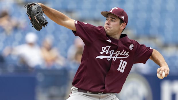 Texas A&M Aggies pitcher Ryan Prager (18) pitches against the Tennessee Volunteers during the SEC Baseball Tournament at Hoov