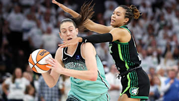 Minnesota Lynx forward Napheesa Collier defends against New York Liberty forward Breanna Stewart during the second half of Game 3 of the 2024 WNBA Finals.