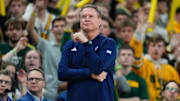 Feb 1, 2025; Waco, Texas, USA; Kansas Jayhawks head coach Bill Self reacts during the first half against the Baylor Bears at Paul and Alejandra Foster Pavilion. Mandatory Credit: Chris Jones-Imagn Images