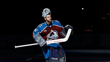 Nov 11, 2025; Denver, Colorado, USA; Colorado Avalanche goaltender Scott Wedgewood (41) skates out for fans after the game against the Anaheim Ducks at Ball Arena. Mandatory Credit: Isaiah J. Downing-Imagn Images