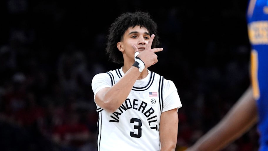 Vanderbilt guard Tyler Tanner celebrates after making a basket during a first-round game against McNeese State.