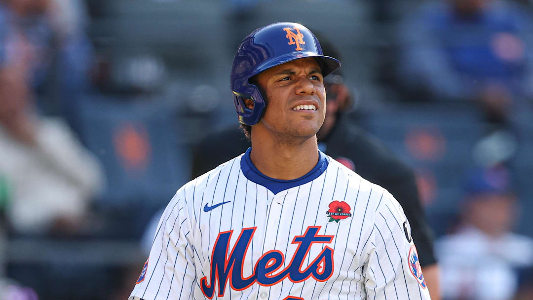 May 26, 2025; New York City, New York, USA; New York Mets right fielder Juan Soto (22) reacts after striking out during the fourth inning against the Chicago White Sox at Citi Field. Mandatory Credit: Vincent Carchietta-Imagn Images