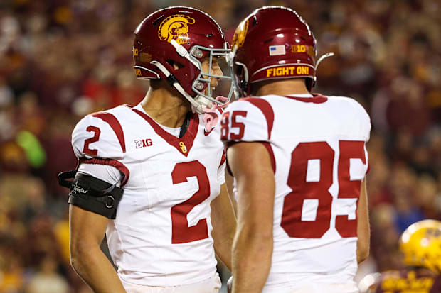 USC Trojans wide receiver Duce Robinson (2) celebrates his touchdown.