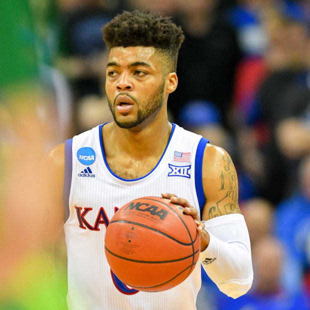 Mar 25, 2017; Kansas City, MO, USA; Kansas Jayhawks guard Frank Mason III (0) dribbles during the second half against the Oregon Ducks in the finals of the Midwest Regional of the 2017 NCAA Tournament at Sprint Center. Oregon defeated Kansas 74-60. Mandatory Credit: Denny Medley-USA TODAY Sports
