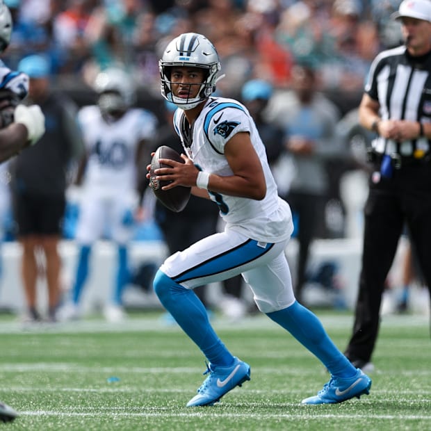 Carolina Panthers quarterback Bryce Young sets up a pass during the fourth quarter against the Miami Dolphins 