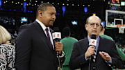 May 27, 2022; Boston, Massachusetts, USA; ESPN broadcasters Mark Jackson, Jeff Van Gundy and Mike Breen before game six of the 2022 eastern conference finals at TD Garden. 