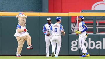 Jun 14, 2025; Cumberland, Georgia, USA; Atlanta Braves mascot Blooper, outfielder Michael Harris II (23), outfielder Alex Verdugo (8), outfielder Ronald Acuna Jr. (13) dance in celebration after a victory against the Colorado Rockies at Truist Park. Mandatory Credit: Jordan Godfree-Imagn Images