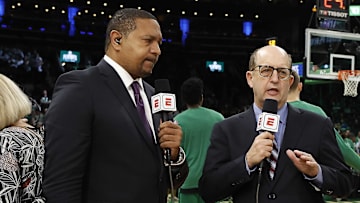 May 27, 2022; Boston, Massachusetts, USA; ESPN broadcasters Mark Jackson, Jeff Van Gundy and Mike Breen before game six of the 2022 eastern conference finals at TD Garden. 