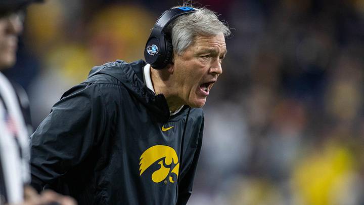 Dec 4, 2021; Indianapolis, IN, USA; Iowa Hawkeyes head coach Kirk Ferentz in the second quarter against the Michigan Wolverines  at Lucas Oil Stadium. Mandatory Credit: Trevor Ruszkowski-Imagn Images