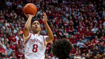Indiana's Bryson Tucker (8) shoots over USC's Saint Thomas (0) during the Indiana versus University of Southern California men's basketball game at Simon Skjodt Assembly Hall on Wednesday, Jan. 8, 2025.