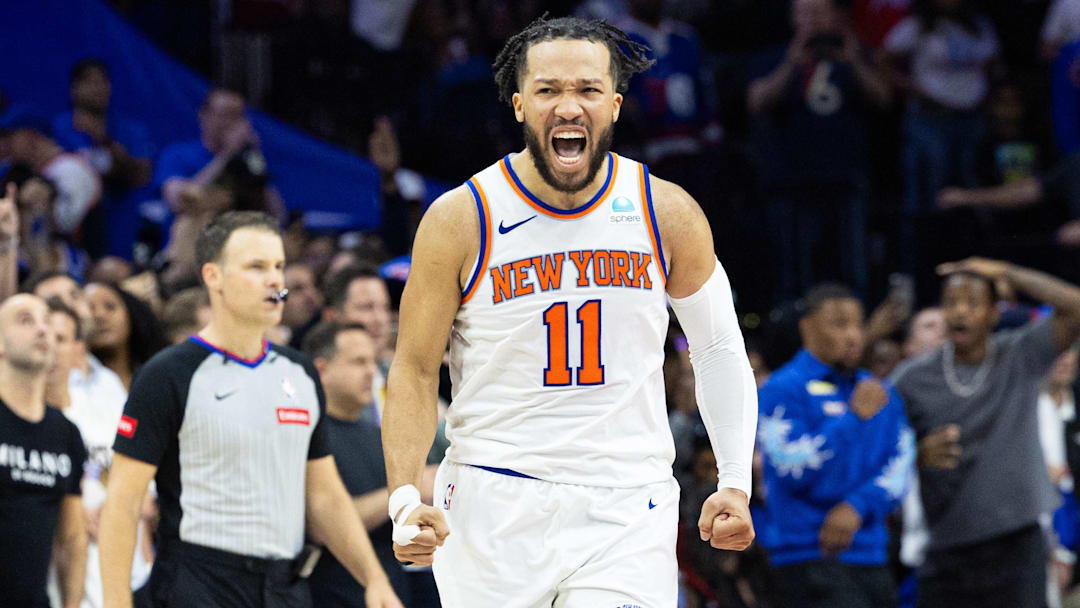 May 2, 2024; Philadelphia, Pennsylvania, USA; New York Knicks guard Jalen Brunson (11) reacts after a score against the Philadelphia 76ers during the second half of game six of the first round for the 2024 NBA playoffs at Wells Fargo Center. Mandatory Credit: Bill Streicher-Imagn Images