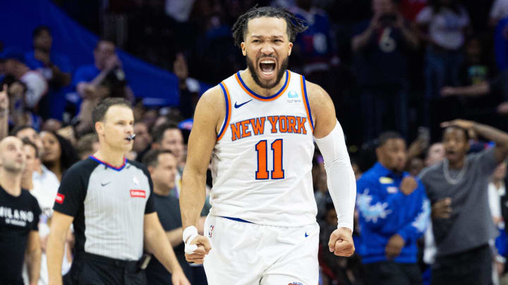 May 2, 2024; Philadelphia, Pennsylvania, USA; New York Knicks guard Jalen Brunson (11) reacts after a score against the Philadelphia 76ers during the second half of game six of the first round for the 2024 NBA playoffs at Wells Fargo Center. Mandatory Credit: Bill Streicher-USA TODAY Sports