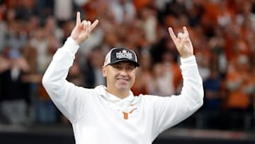 Texas head football coach Steve Sarkisian celebrates following the Big 12 Championship between Oklahoma State and Texas at AT&T Stadium in Arlington, Texas, Saturday, Dec. 2, 2023.