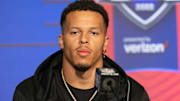 Mar 5, 2022; Indianapolis, IN, USA; Miami defensive back Bubba Bolden (DB43) talks to the media during the 2022 NFL Scouting Combine at Lucas Oil Stadium.