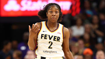 Aug 7, 2025; Phoenix, Arizona, USA; Indiana Fever guard Aari McDonald (2) against the Phoenix Mercury during an WNBA game at PHX Arena. Mandatory Credit: Mark J. Rebilas-Imagn Images