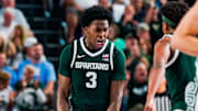 Michigan State Spartans forward Cameron Ward (3) celebrates as a timeout is called during the first half of the Fort Myers Tip-Off Beach Division game against the North Carolina Tar Heels at Suncoast Credit Union Arena on Fort Myers, Fla., on Thursday, Nov. 27, 2025.