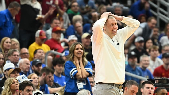 Mar 20, 2026; St. Louis, MO, USA; Kentucky Wildcats head coach Mark Pope reacts to a call made by referee Tony Padilla during the second half of a first round game of the men's 2026 NCAA Tournament against the Santa Clara Broncos at Enterprise Center. Mandatory Credit: Jeff Le-Imagn Images