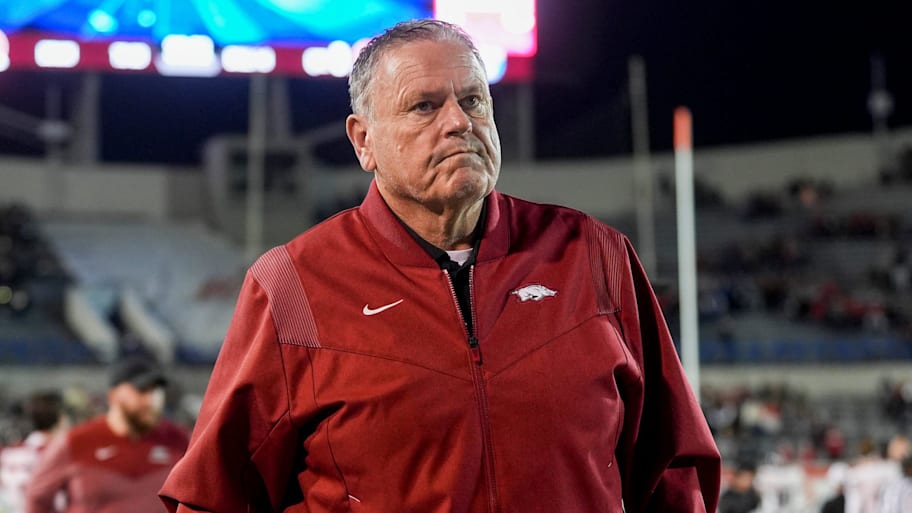 Arkansas head coach Sam Pittman walks down the sideline
