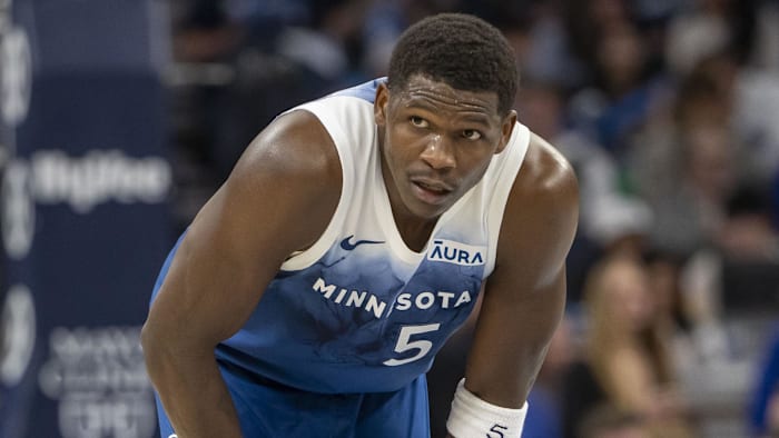 Mar 22, 2024; Minneapolis, Minnesota, USA; Minnesota Timberwolves guard Anthony Edwards (5) looks on