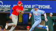 Apr 2, 2023; Arlington, Texas, USA; Texas Rangers right fielder Robbie Grossman (4) rounds first base during the seventh inning against the Philadelphia Phillies at Globe Life Field. Mandatory Credit: Andrew Dieb-USA TODAY Sports