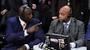 Feb 16, 2013; Houston, TX, USA; TNT broadcaster Shaquille O'Neal (left) and Charles Barkley talk during the 2013 NBA All-Star slam dunk contest at the Toyota Center. Mandatory Credit: Bob Donnan-Imagn Images