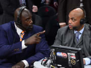 Feb 16, 2013; Houston, TX, USA; TNT broadcaster Shaquille O'Neal (left) and Charles Barkley talk during the 2013 NBA All-Star slam dunk contest at the Toyota Center. Mandatory Credit: Bob Donnan-USA TODAY Sports