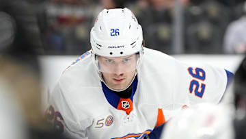 Dec 17, 2022; Las Vegas, Nevada, USA; New York Islanders right wing Oliver Wahlstrom (26) awaits a face off against the Vegas Golden Knights during the second period at T-Mobile Arena. Mandatory Credit: Stephen R. Sylvanie-Imagn Images