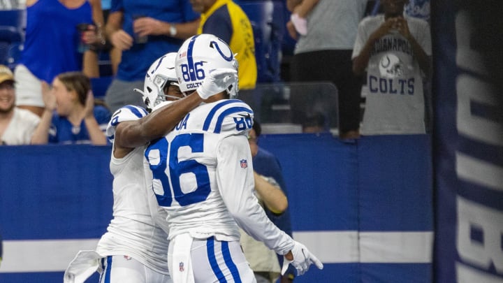 Aug 20, 2022; Indianapolis, Indiana, USA; Indianapolis Colts wide receiver Samson Nacua (86) celebrates his touchdown with Indianapolis Colts wide receiver D.J. Montgomery (8)  in the second half against the Detroit Lions at Lucas Oil Stadium. Mandatory Credit: Trevor Ruszkowski-USA TODAY Sports