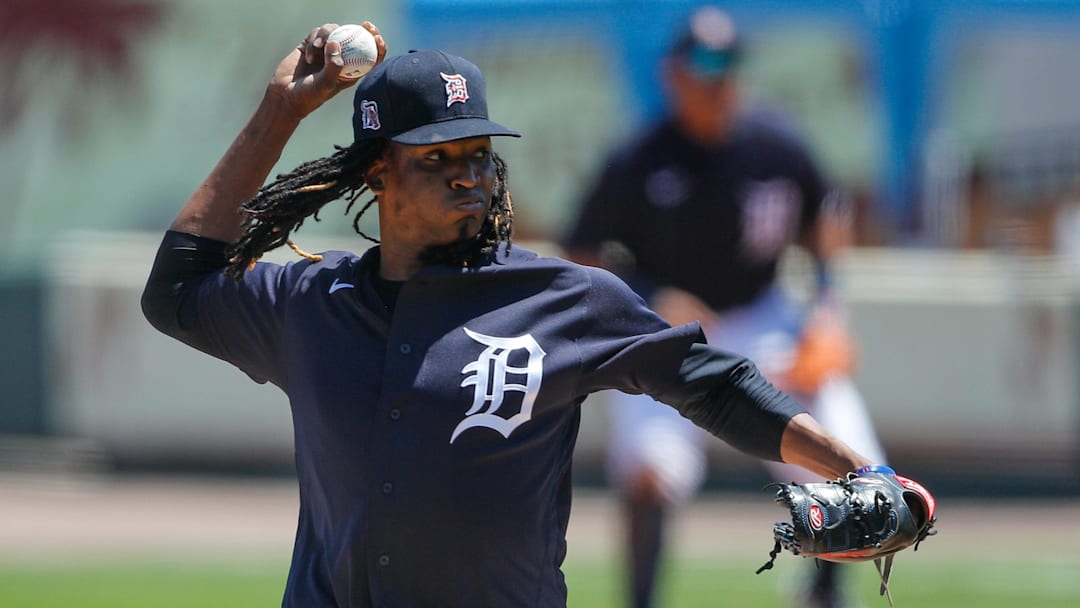 Mar 24, 2021; Lakeland, Florida, USA; Detroit Tigers starting pitcher Jose Urena (62) pitches in the first inning against the Philadelphia Phillies during spring training at Publix Field at Joker Marchant Stadium. Mandatory Credit: Nathan Ray Seebeck-Imagn Images
