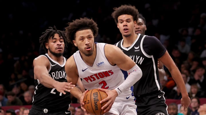 Dec 23, 2023; Brooklyn, New York, USA; Detroit Pistons guard Cade Cunningham (2) drives to the basket: Brad Penner-USA TODAY Sports