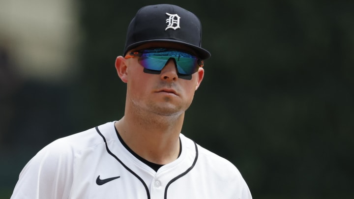 May 15, 2024; Detroit, Michigan, USA;  Detroit Tigers first base Spencer Torkelson (20) in the field in the sixth inning against the Miami Marlins at Comerica Park