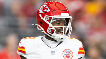 Aug 9, 2025; Glendale, Arizona, USA; Kansas City Chiefs wide receiver Tyquan Thornton (2) against the Arizona Cardinals during a preseason NFL game at State Farm Stadium. Mandatory Credit: Mark J. Rebilas-Imagn Images