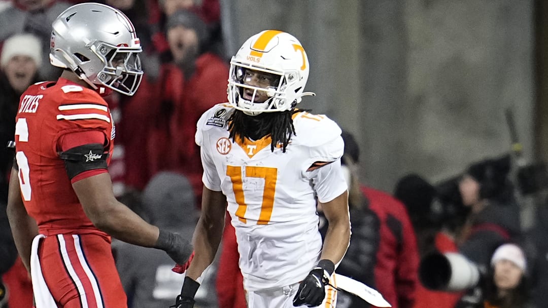 Dec 21, 2024; Columbus, Ohio, USA; Ohio State Buckeyes cornerback Jermaine Mathews Jr. (24) reacts after a pass break up intended for Tennessee Volunteers wide receiver Chris Brazzell II (17) during the first half of a College Football Playoff first round game at Ohio Stadium. Mandatory Credit: Adam Cairns-Imagn Images