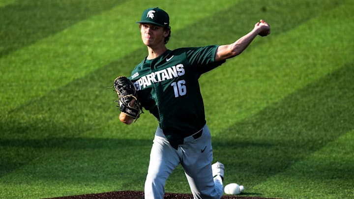 Michigan State's Joseph Dzierwa delivers a pitch during a NCAA Big Ten Conference baseball game against Iowa, Friday, May 12, 2023, at Duane Banks Field in Iowa City, Iowa.