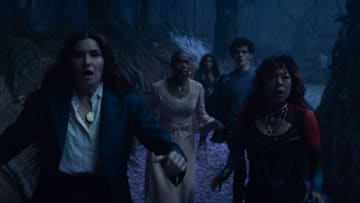 (L-R) Agatha Harkness (Kathryn Hahn), Jennifer Kale (Sasheer Zamata), Rio Vidal (Aubrey Plaza), Teen (Joe Locke) and Alice Wu-Gulliver in Marvel Television's AGATHA ALL ALONG, exclusively on Disney+. Photo courtesy of Marvel Television. © 2024 MARVEL.