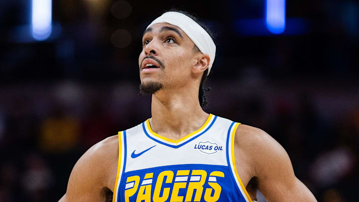 Indiana Pacers guard Andrew Nembhard (2) in the second half against the Miami Heat at Gainbridge Fieldhouse.