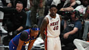Jun 7, 2023; Miami, Florida, USA; Miami Heat forward Udonis Haslem (40) during the fourth quarter against the Denver Nuggets in game three of the 2023 NBA Finals at Kaseya Center. Mandatory Credit: Jim Rassol-Imagn Images