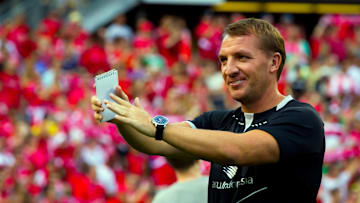 Jul 27, 2014; Chicago, IL, USA; Liverpool coach Brendan Rodgers prior to a match against Olympiacos at Soldier Field. Mandatory Credit: Guy Rhodes-Imagn Images
