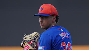 Mar 15, 2024; Port St. Lucie, Florida, USA; New York Mets pitcher Brandon Sproat (28) warms-up in the sixth inning against the Washington Nationals in the Spring Breakout game at Clover Park. Mandatory Credit: Jim Rassol-Imagn Images