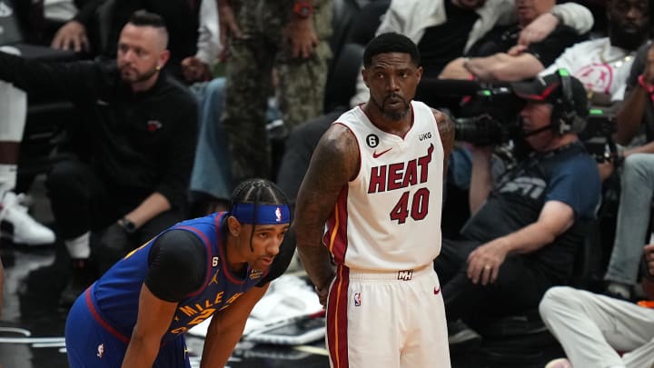Jun 7, 2023; Miami, Florida, USA; Miami Heat forward Udonis Haslem (40) during the fourth quarter against the Denver Nuggets in game three of the 2023 NBA Finals at Kaseya Center. Mandatory Credit: Jim Rassol-USA TODAY Sports