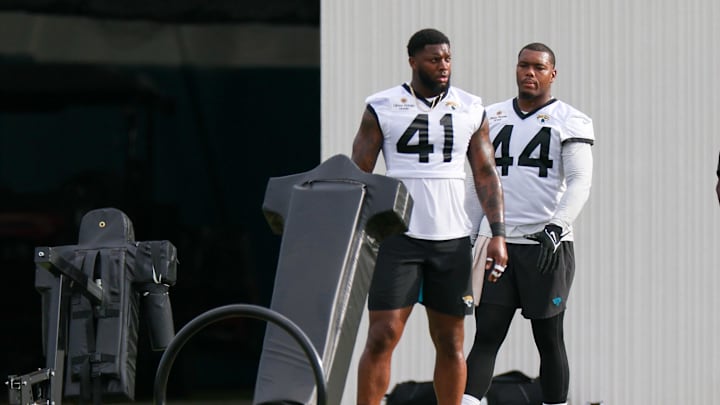 Jul 25, 2024; Jacksonville, FL, USA; Jacksonville Jaguars linebacker Josh Hines-Allen (41) and linebacker Travon Walker (44) participate in training camp at Miller Electric Center Mandatory Credit: Nathan Ray Seebeck-Imagn Images