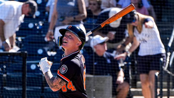 Detroit Tigers outfielder Max Clark bats against New York Yankees during the fifth inning at George M. Steinbrenner Field in Tampa, Fla. on Saturday, Feb. 21, 2026.