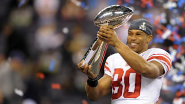 Feb 5, 2012; Indianapolis, IN, USA; New York Giants receiver Victor Cruz (80) holds the Vince