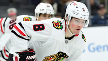 Apr 10, 2025; Boston, Massachusetts, USA; Chicago Blackhawks center Ryan Donato (8) gets set for a face-off during the third period against the Boston Bruins at TD Garden. Mandatory Credit: Bob DeChiara-Imagn Images