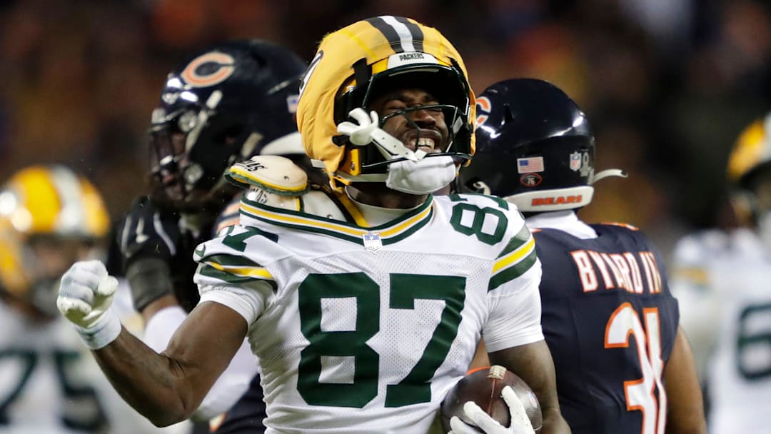 Green Bay Packers wide receiver Romeo Doubs (87) celebrates a first down reception against the Chicago Bears in the fourth quarter during their wild-card playoff football game Saturday, January 10, 2026, at Soldier Field in Chicago, Illinois.